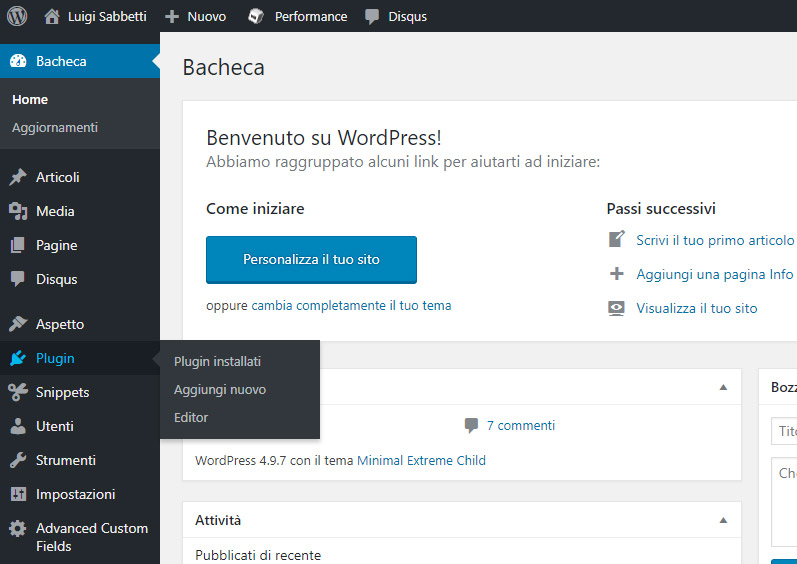 Amministrazione WordPress - Sezione Plugin
