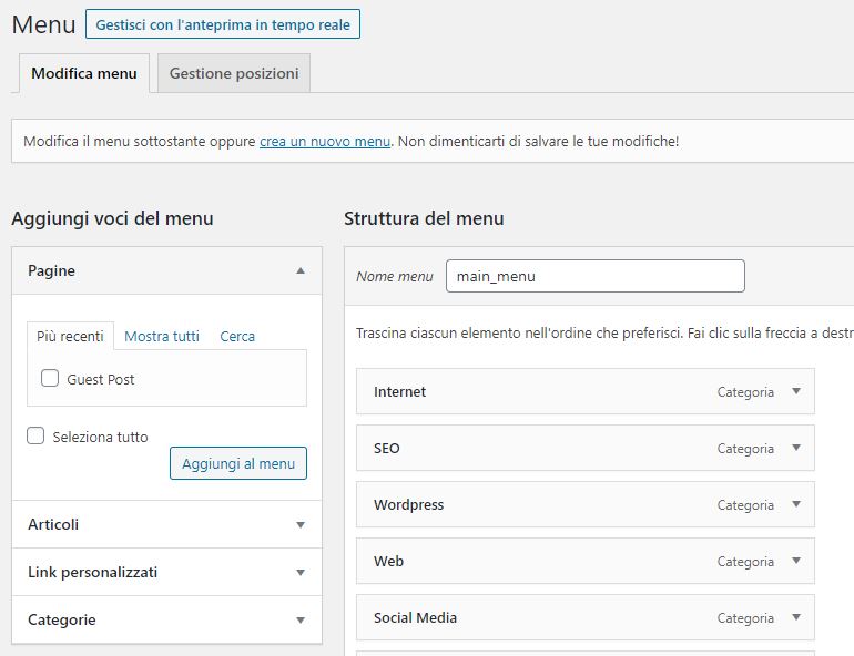 struttura menù wordpress