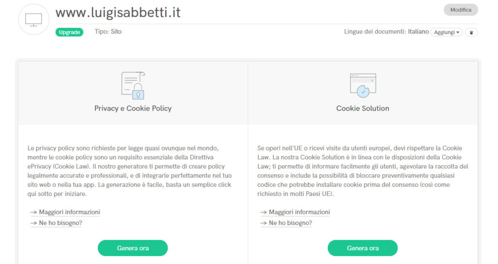 privacy policy e cookie policy in Iubenda