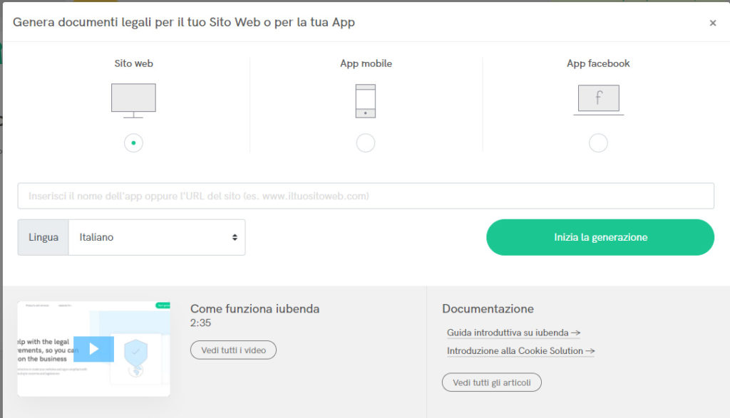 procedura generazione privacy cookie policy iubenda