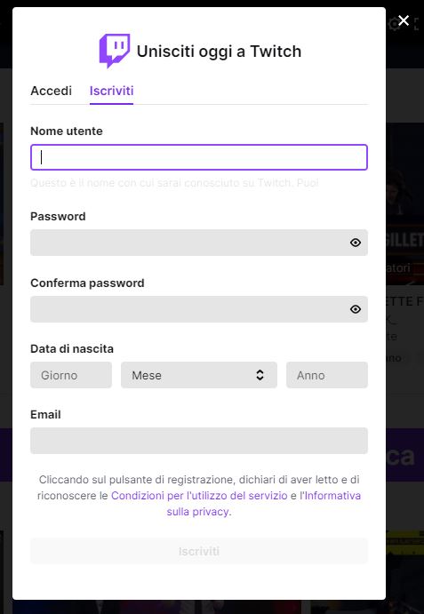 Iscrizione Twitch Step 1