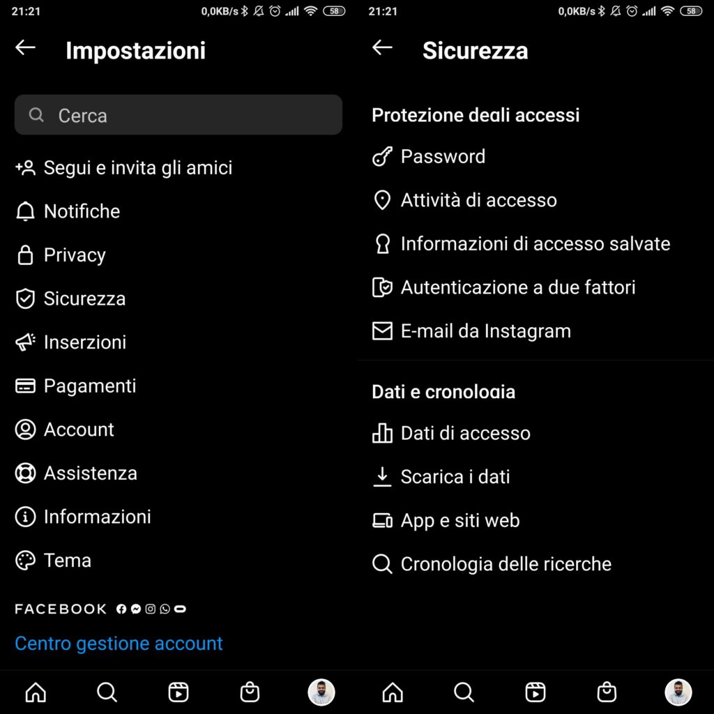 cambiare password instagram android