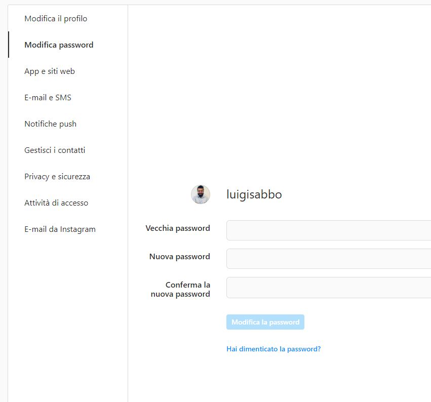 cambiare password instagram pc