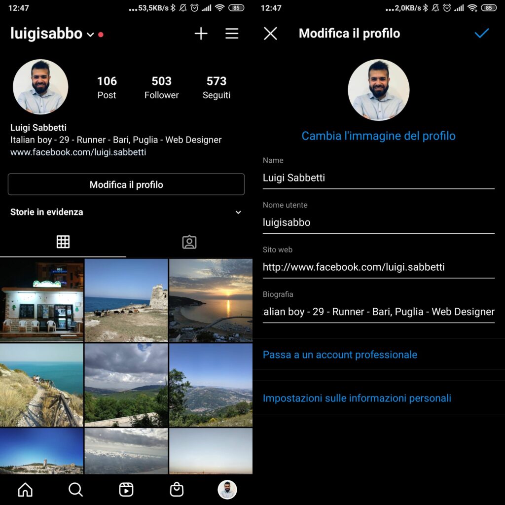 Modifica biografia su app android