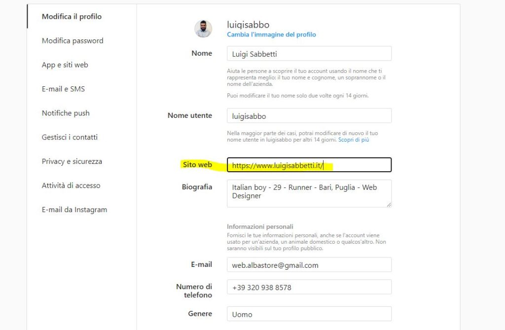 inserire link nella bio di instagram da pc