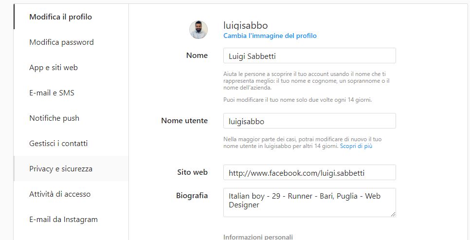 modifica biografia instagram da pc
