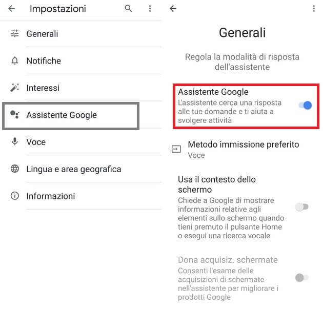 disattivare assistente google su android