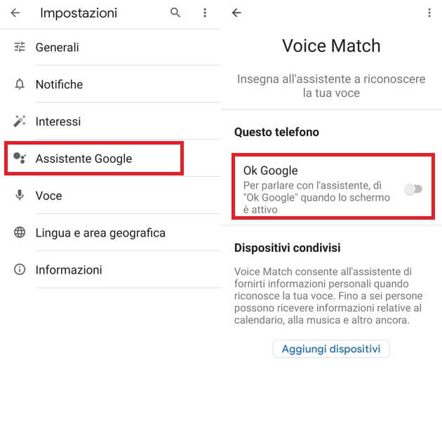 disattivare ok google su android