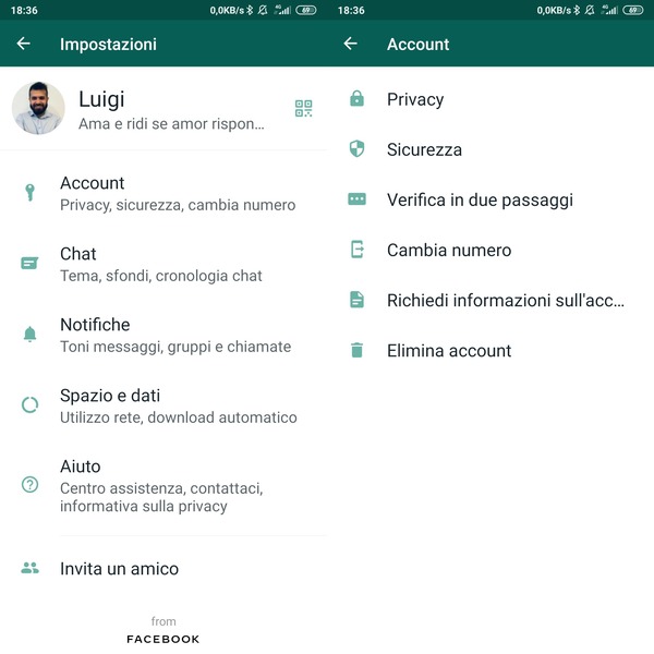 eliminare account whatsapp android
