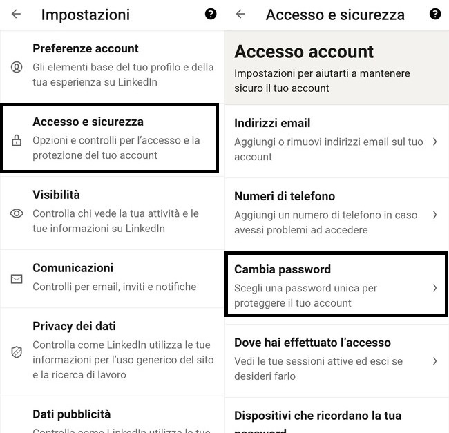 cambiare password app linkedin android