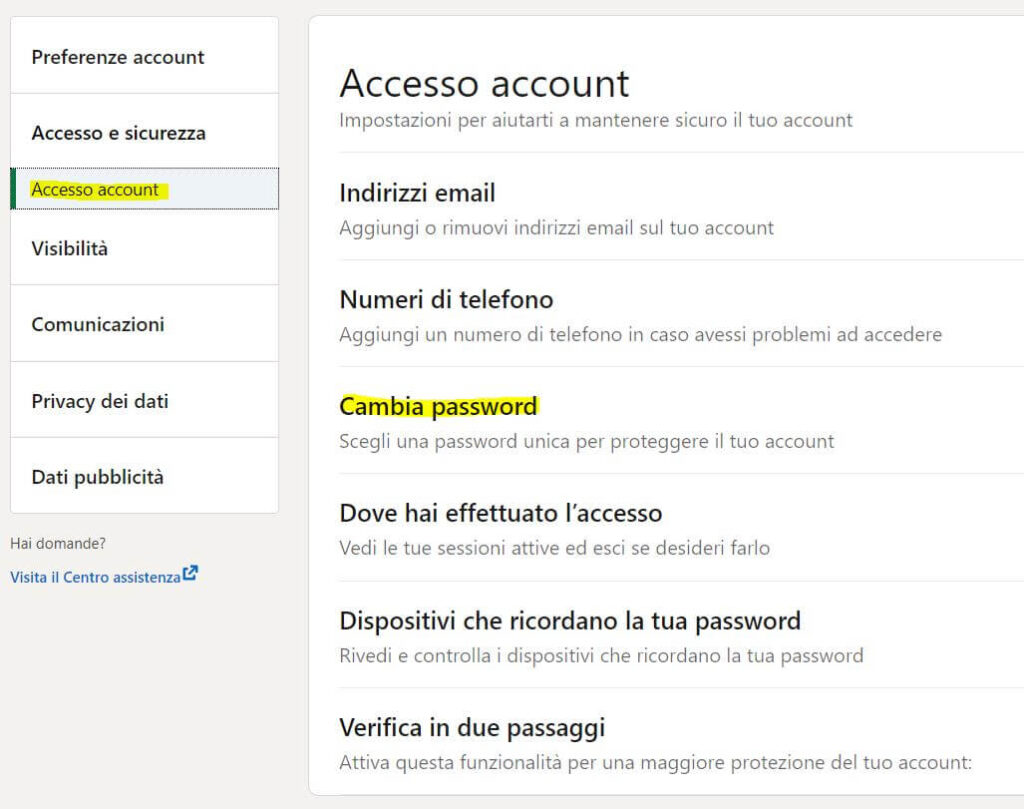 cambiare password di linkedin da pc